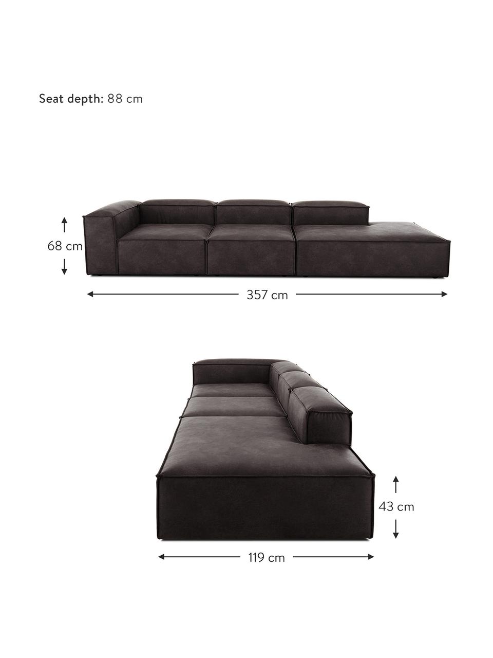 Méridienne modulable XL en cuir recyclé Lennon, Cuir brun-gris, larg. 357 x prof. 119 cm, dossier à droite