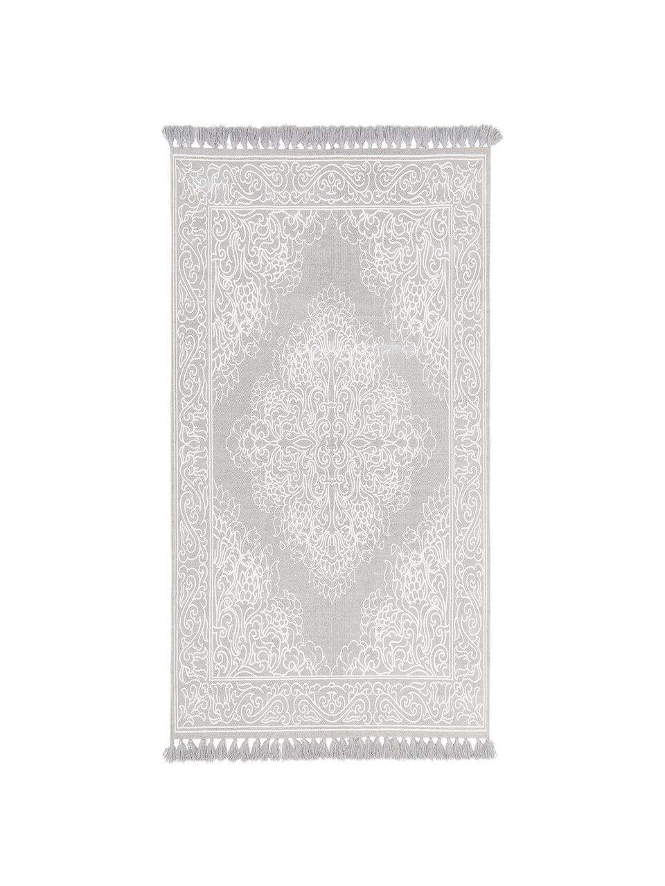 Tapis bohème gris blanc tissé à plat Salima, 100 % coton, Gris clair, blanc crème, larg. 70 x long. 140 cm (taille XS)