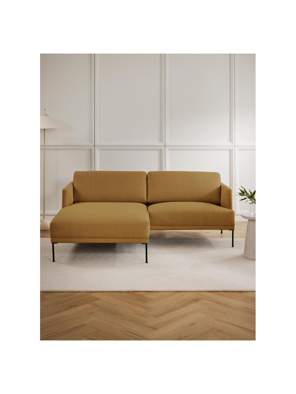 Kleines Ecksofa Fluente, Bezug: 100 % Polyester Der strap, Gestell: Massives Kiefernholz, FSC, Füße: Metall, pulverbeschichtet, Webstoff Senfgelb, B 198 x T 152 cm, Eckteil links