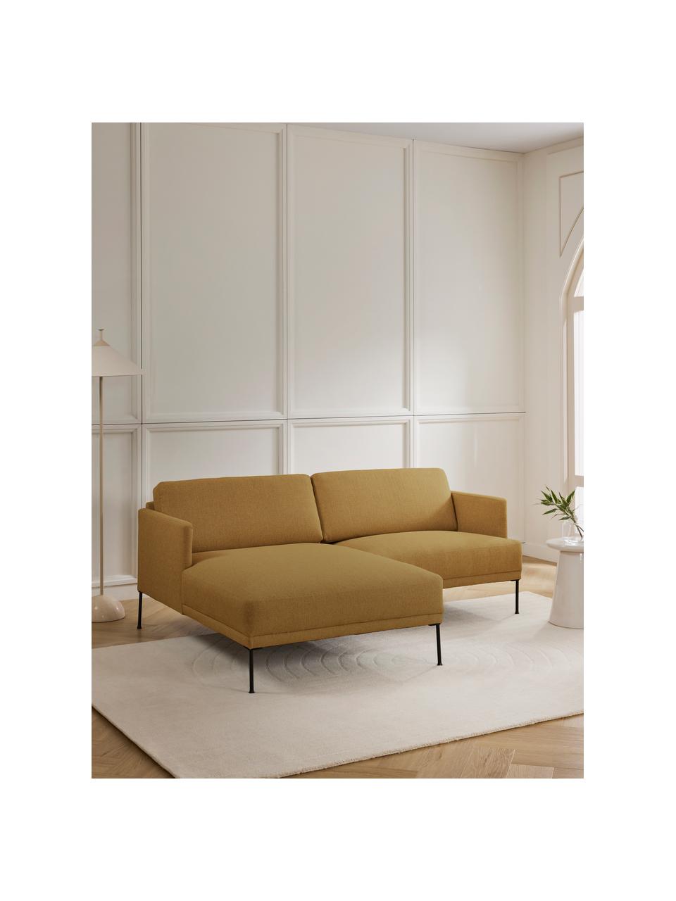 Kleine hoekbank Fluente met metalen poten, Bekleding: 100% polyester De slijtva, Frame: massief grenenhout, FSC-g, Poten: gepoedercoat metaal, Geweven stof okergeel, B 198 x D 152 cm, hoekdeel links