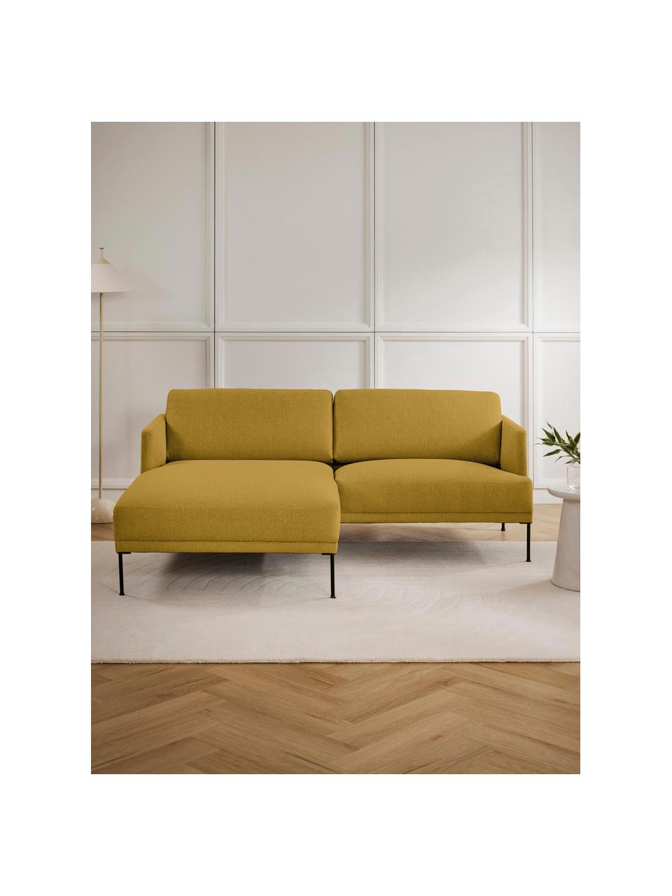 Kleines Ecksofa Fluente, Bezug: 100 % Polyester Der strap, Gestell: Massives Kiefernholz, Bir, Füße: Metall, pulverbeschichtet, Webstoff Ocker, B 198 x T 152 cm, Eckteil links