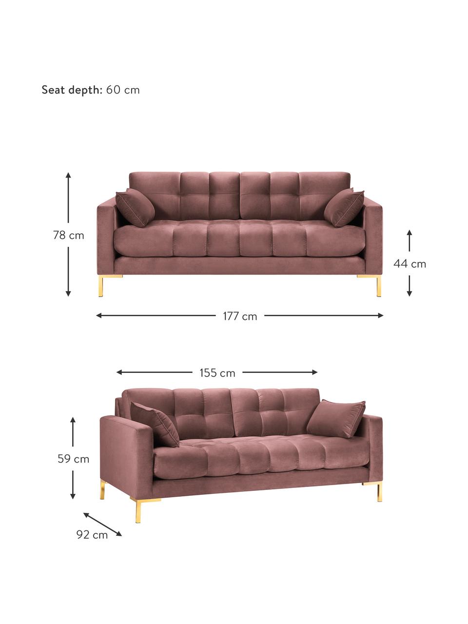 Sofa z aksamitu Mamaia (2-osobowa), Tapicerka: aksamit poliestrowy Dzięk, Stelaż: lite drewno sosnowe, skle, Nogi: metal lakierowany, Blady różowy, S 177 x G 92 cm