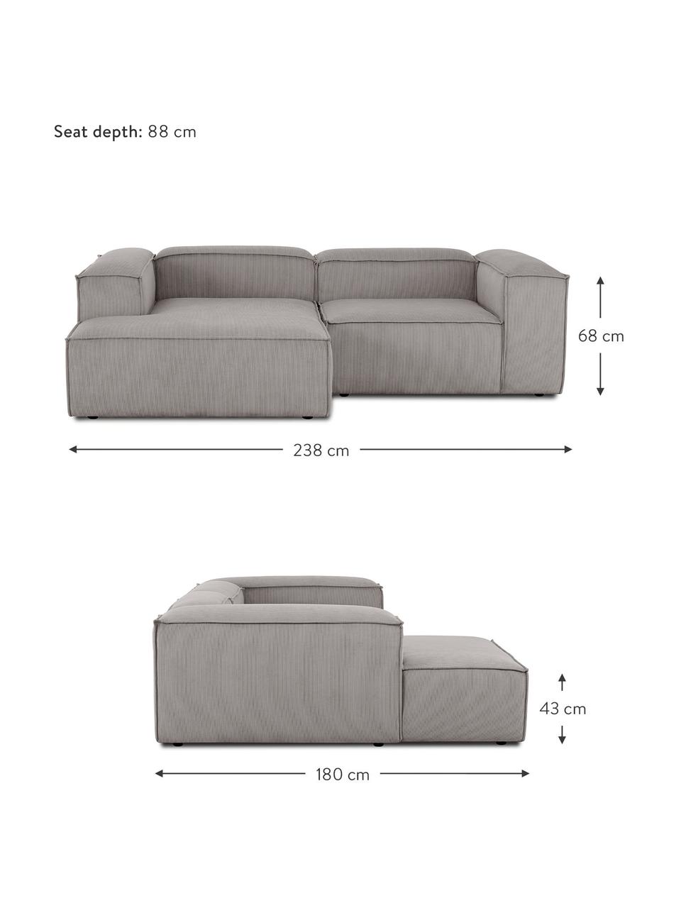 Canapé d'angle modulable en velours côtelé Lennon, Velours côtelé gris, larg. 238 x prof. 180 cm, méridienne à gauche