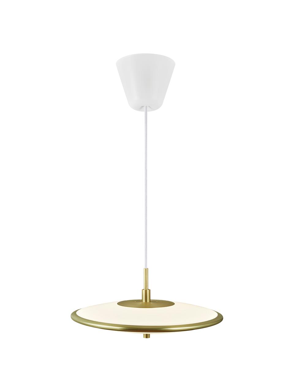Dimbare LED hanglamp Blanche in wit/goudkleur, Lampenkap: kunststof, metaal, Baldakijn: kunststof, Wit, goudkleurig, Ø 32 x H 14 cm