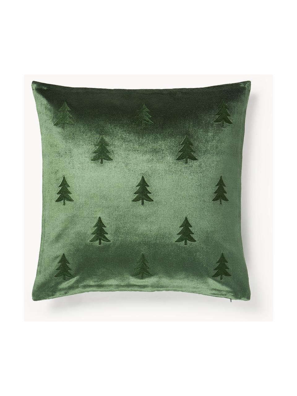 Housse de coussin en velours avec broderie de sapin Isadora, Vert foncé, larg. 45 x long. 45 cm