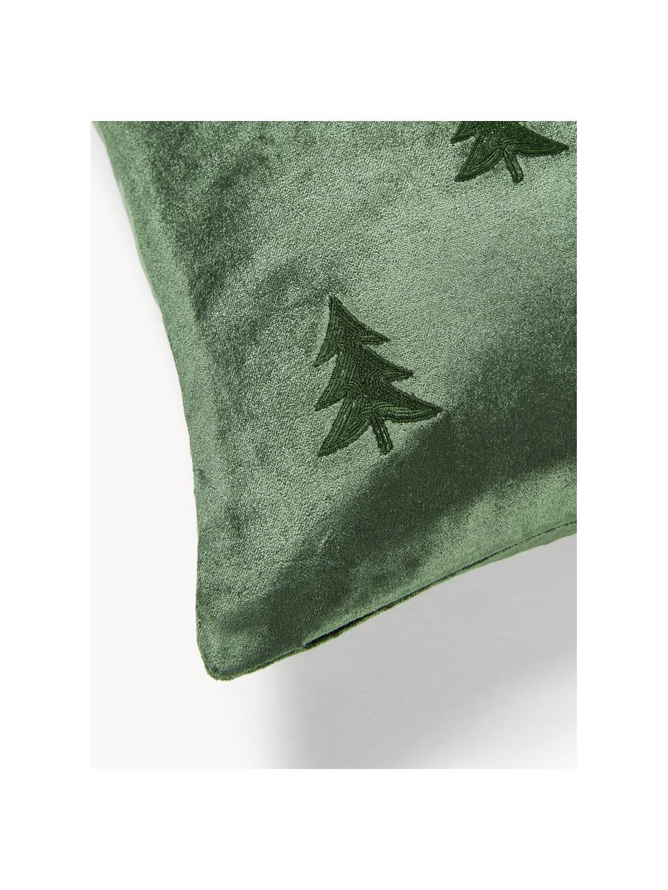 Housse de coussin en velours avec broderie de sapin Isadora, Vert foncé, larg. 45 x long. 45 cm