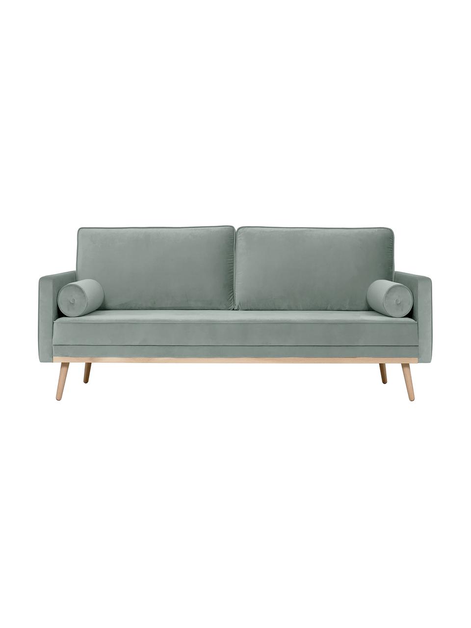 Samt-Sofa Saint (3-Sitzer) in Salbeifarben mit Eichenholz-Füssen, Bezug: Samt (Polyester) Der hoch, Gestell: Massives Eichenholz, Span, Samt Salbeifarben, B 210 x T 93 cm