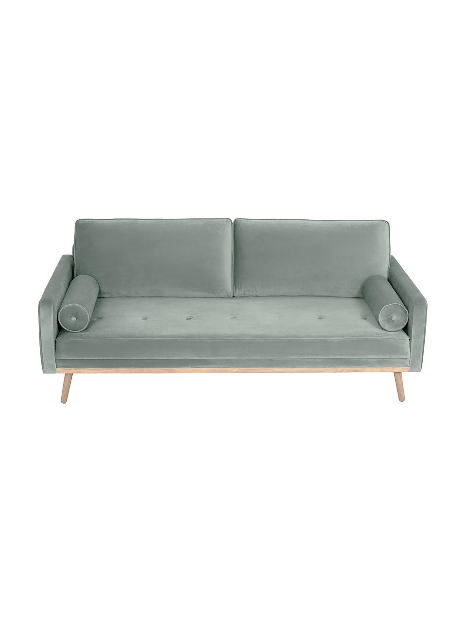 Samt-Sofa Saint (3-Sitzer) in Salbeifarben mit Eichenholz-Füßen, Bezug: Samt (Polyester) Der hoch, Gestell: Massives Eichenholz, Span, Samt Salbeifarben, B 210 x T 93 cm