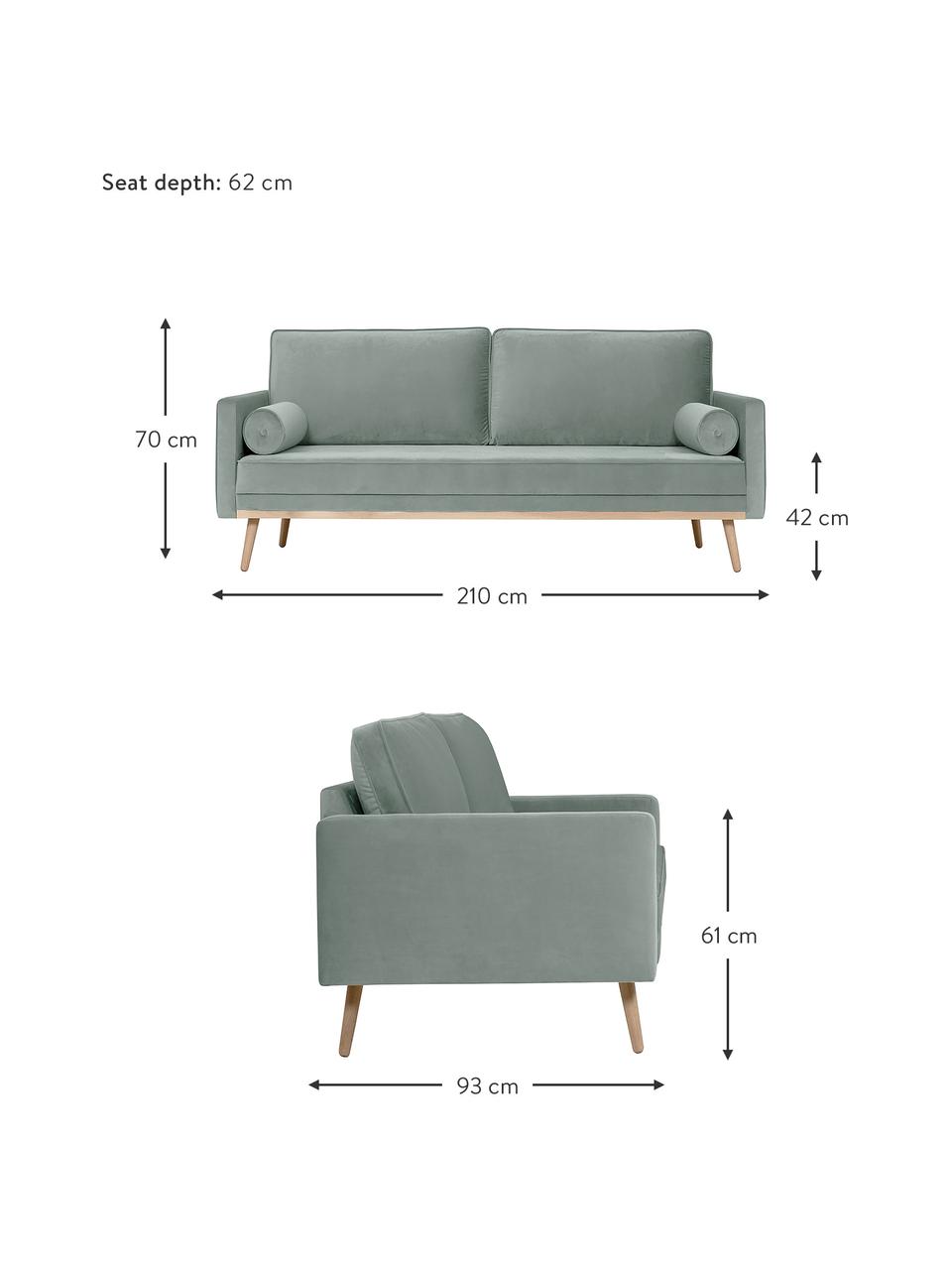 Canapé 3 places velours vert sauge Saint, Velours vert sauge, larg. 210 x prof. 93 cm