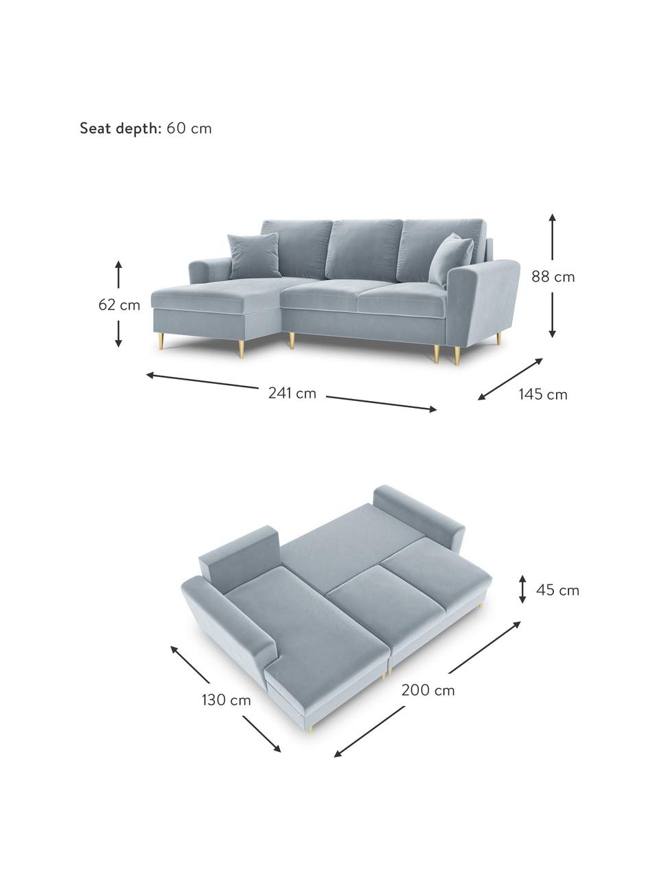 Canapé d'angle 4 places velours avec fonction lit et rangement Moghan, Velours bleu ciel, couleur laitonnée, larg. 241 x prof. 145 cm, méridienne à droite