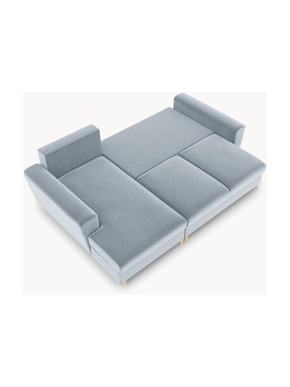 Sofá rinconera cama de terciopelo Moghan (3 plazas), con espacio de almacenamiento, Tapizado: 100% terciopelo de poliés, Estructura: madera de pino maciza, ag, Patas: metal revestido, Terciopelo azul claro, patas latón, An 241 x F 145 cm, chaise longue derecha