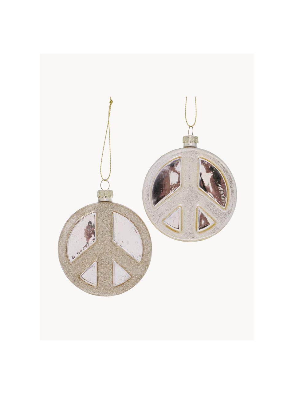 Kerstboomhangers Peace, set van 2, Gelakt glas, Goudkleurig, B 8 x H 9 cm