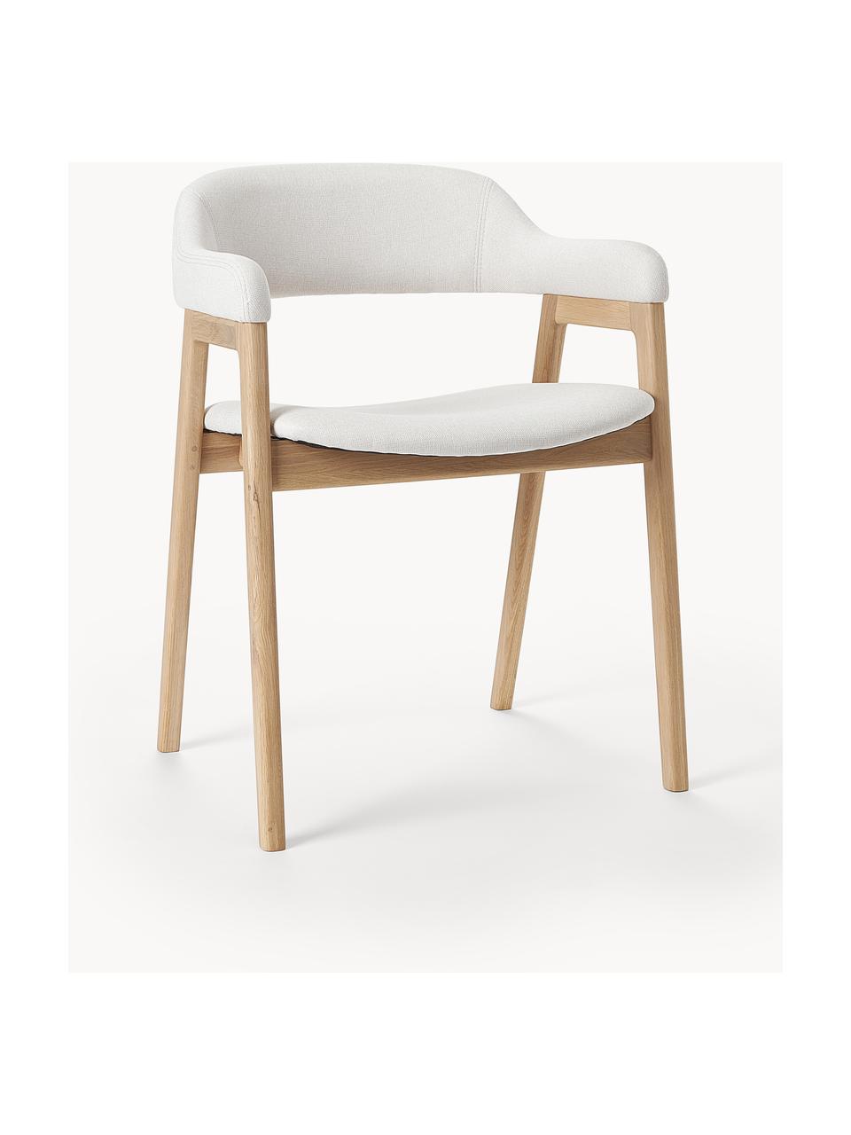 Silla con reposabrazos de madera Santiano, Tapizado: 100% poliéster Alta resis, Estructura: madera contrachapada, Patas: madera de roble maciza, Tejido Off White, An 58 x F 58 cm