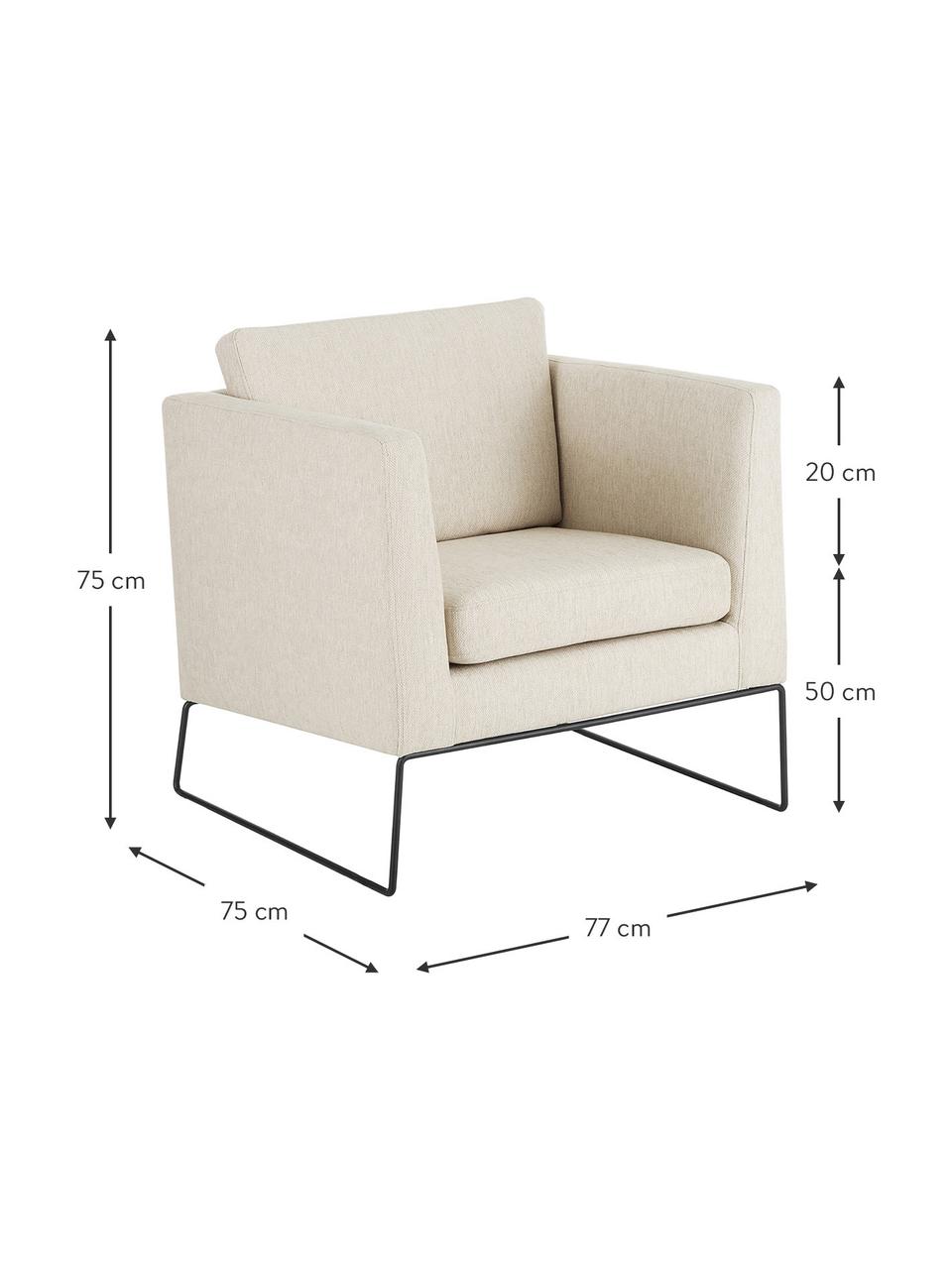 Klassieke fauteuil Milo in beige met metalen poten, Bekleding: hoogwaardig polyester, Frame: grenenhout, Poten: gelakt metaal, Geweven stof beige, B 77 x D 75 cm