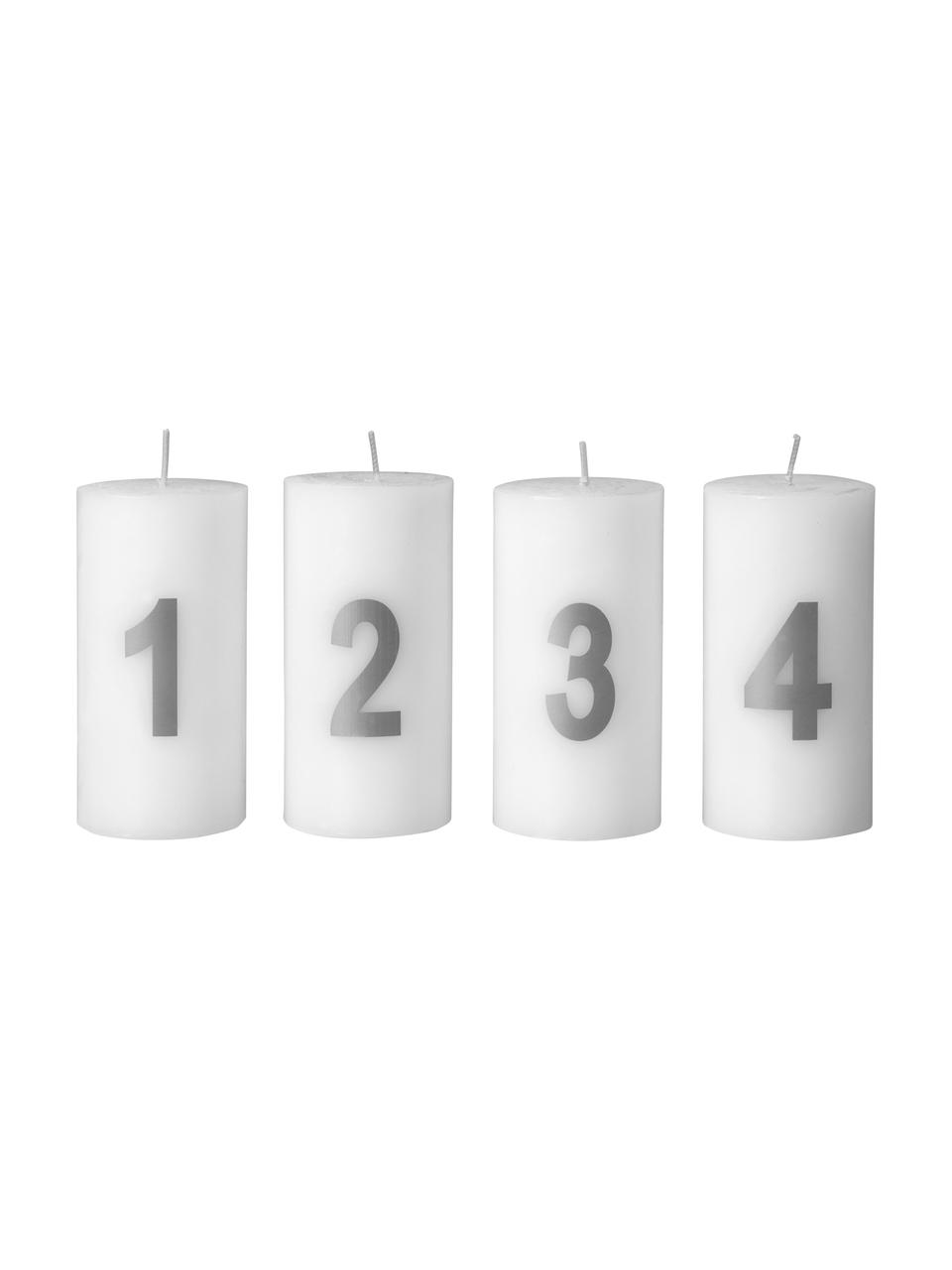 Adventskerzen-Set Avvento, 4-tlg., Paraffinwachs, Weiß, Silberfarben, Ø 5 x H 10 cm