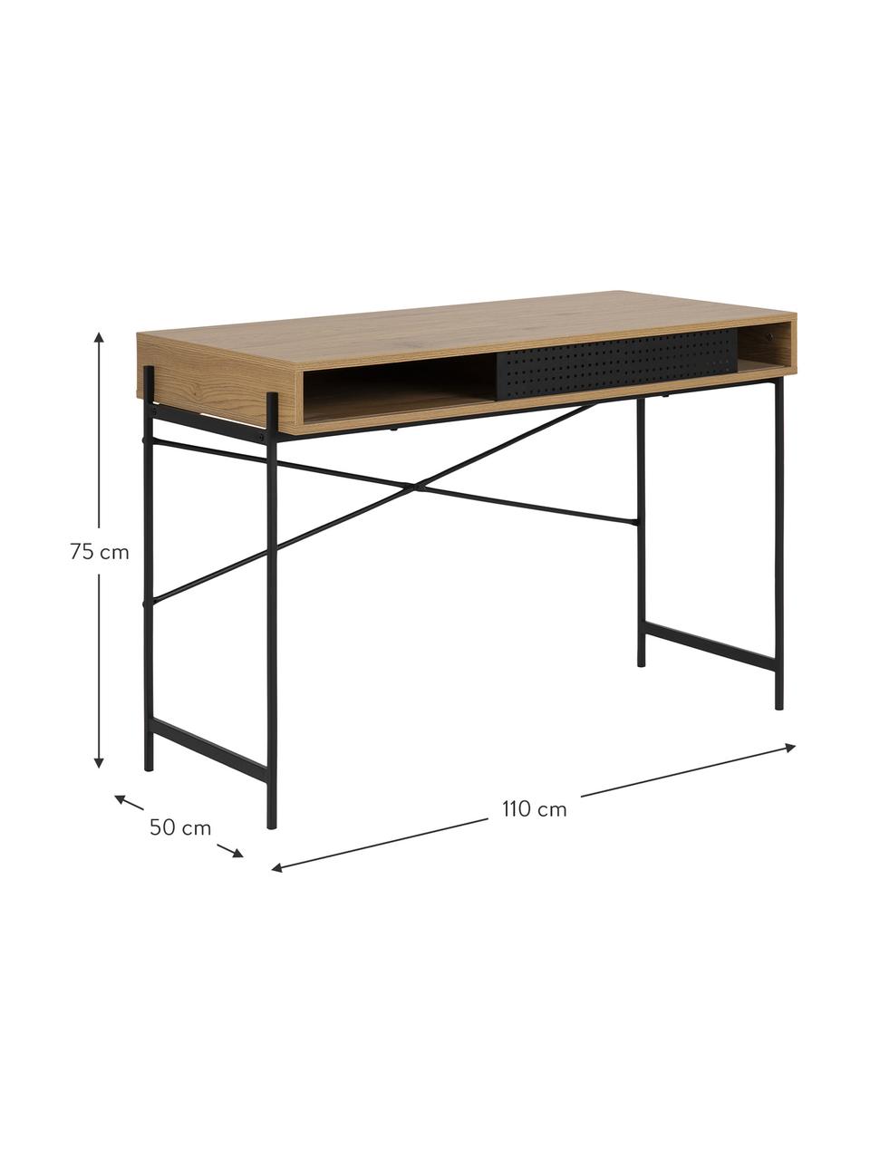 Úzky pracovný stôl z dubovej dyhy Angus, Drevo, čierna, Š 110 x H 50 cm