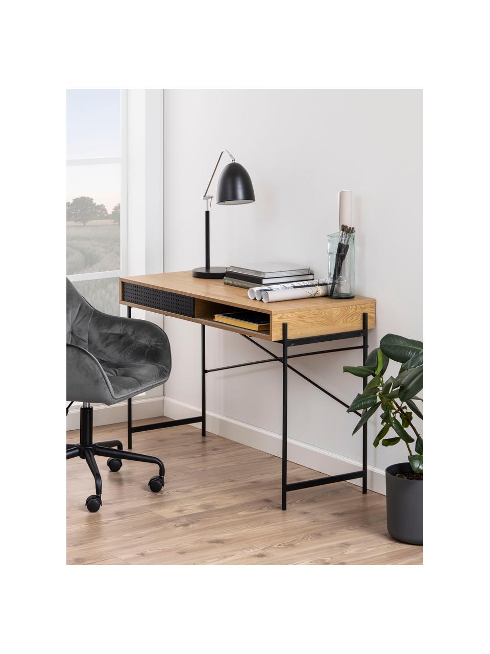 Smal bureau Angus met opbergruimte, Tafelblad: MDF met wild eiken fineer, Frame: gecoat metaal, Eikenhout, zwart, B 110 x H 50 cm
