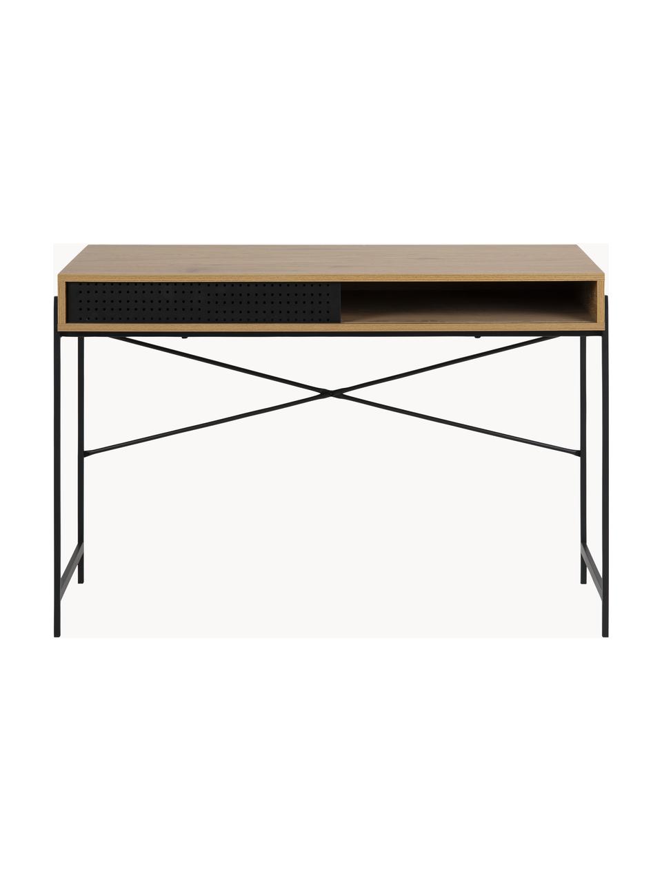 Smal bureau Angus met opbergruimte, Tafelblad: MDF met wild eiken fineer, Frame: gecoat metaal, Eikenhout, zwart, B 110 x H 50 cm