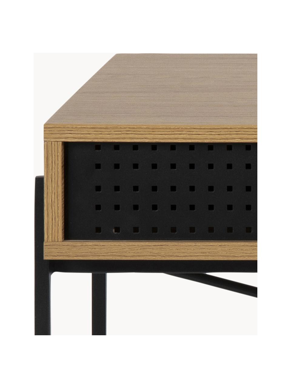 Smal bureau Angus met opbergruimte, Tafelblad: MDF met wild eiken fineer, Frame: gecoat metaal, Eikenhout, zwart, B 110 x H 50 cm