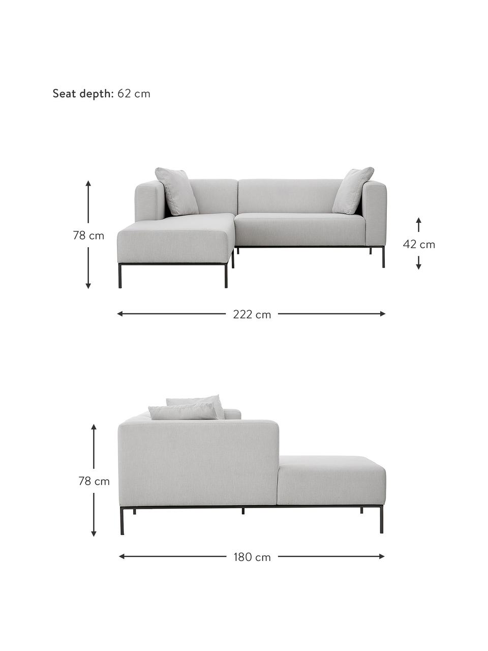 Canapé d'angle pieds en métal Carrie, Tissu gris, larg. 222 x prof. 180 cm, méridienne à gauche