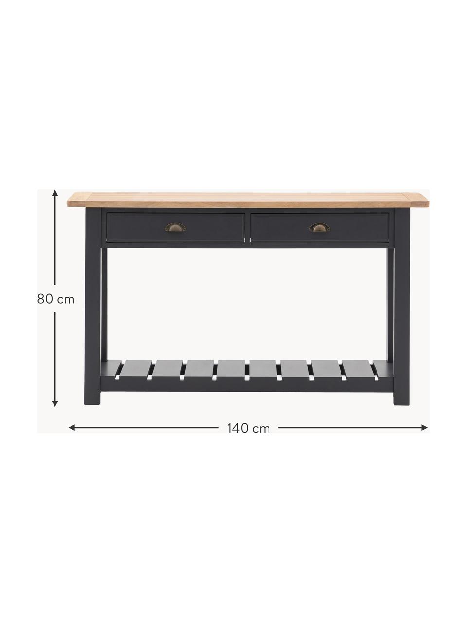 Ręcznie wykonana konsola z drewna Eton, Blat: drewno dębowe lakierowane, Stelaż: drewno sosnowe lakierowan, Drewno dębowe, antracytowy, S 140 x W 80 cm