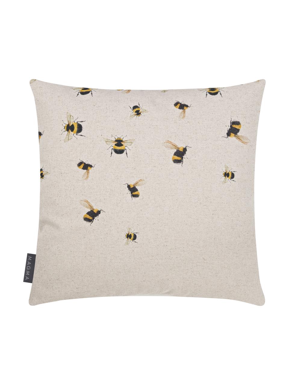 Housse de coussin réversible imprimé abeilles Biene, 85 % coton, 15 % lin, Beige, jaune, noir, larg. 40 x long. 40 cm