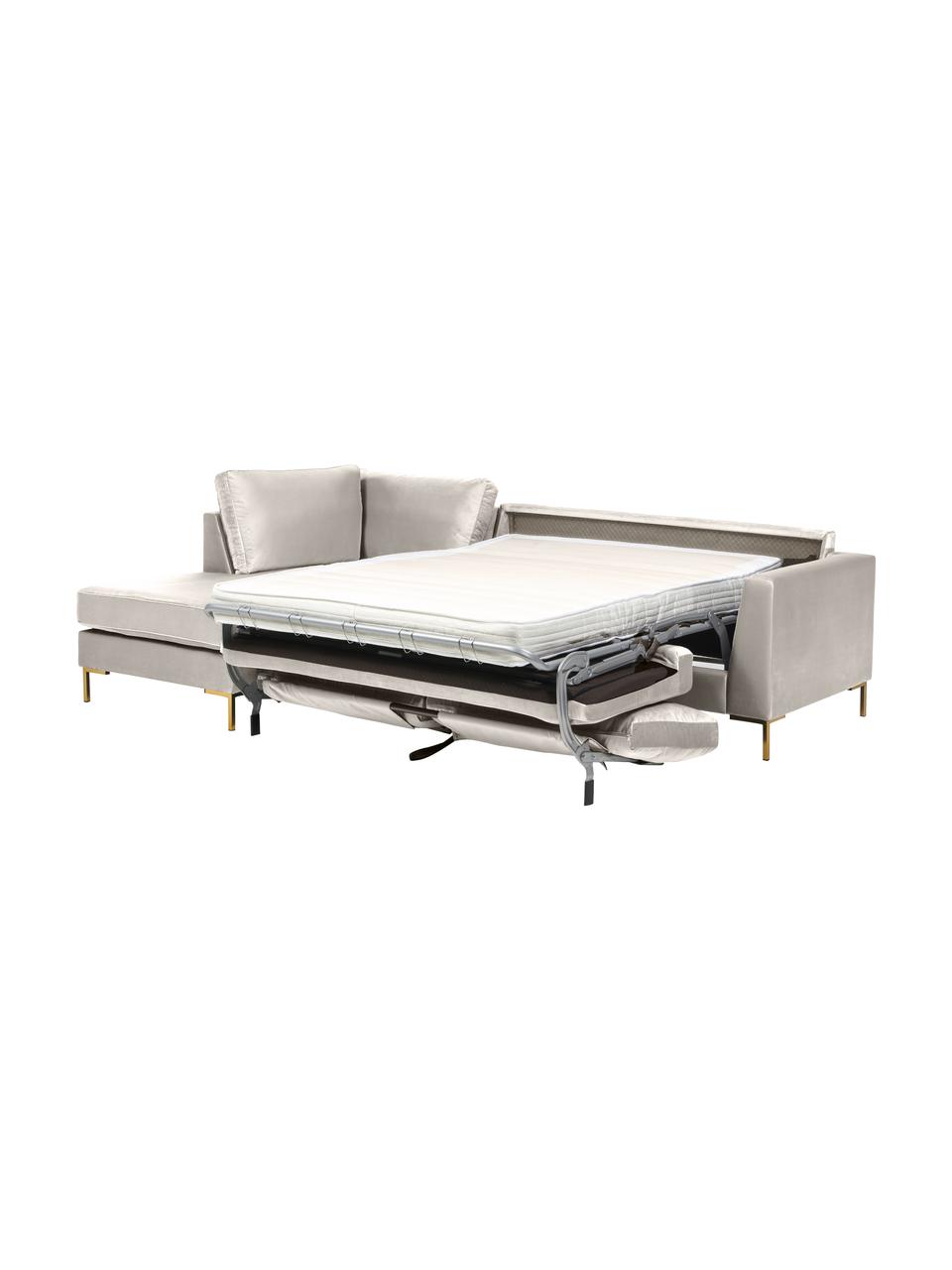 Divano letto angolare in velluto con piedini in metallo Luna, Rivestimento: 100% poliestere, certific, Struttura: legno di faggio massiccio, Piedini: metallo galvanizzato, Velluto beige, Larg. 270 x Prof. 184 cm, chaise-longue a sinistra