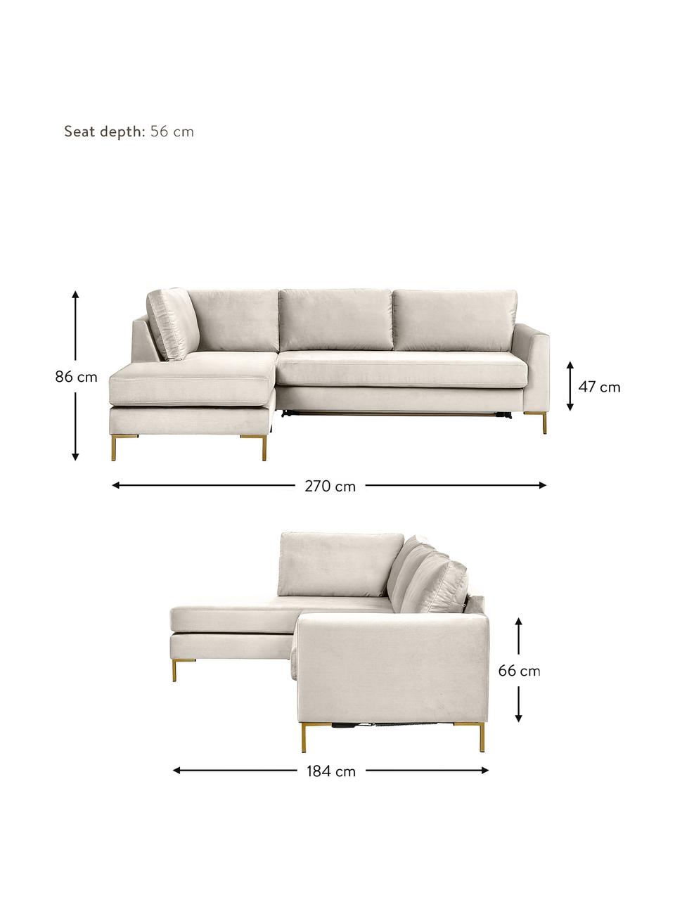 Canapé d'angle convertible en velours pieds en métal Luna, Velours beige, larg. 270 x prof. 184 cm, méridienne à gauche