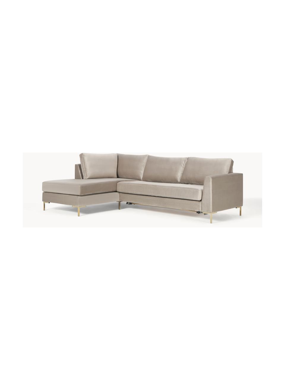 Samt-Schlafsofa Luna (3-Sitzer) mit Matratze, Bezug: Samt (100 % Polyester) De, Gestell: Massives Buchenholz, Schi, Samt Greige, B 270 x T 184 cm, Eckteil links