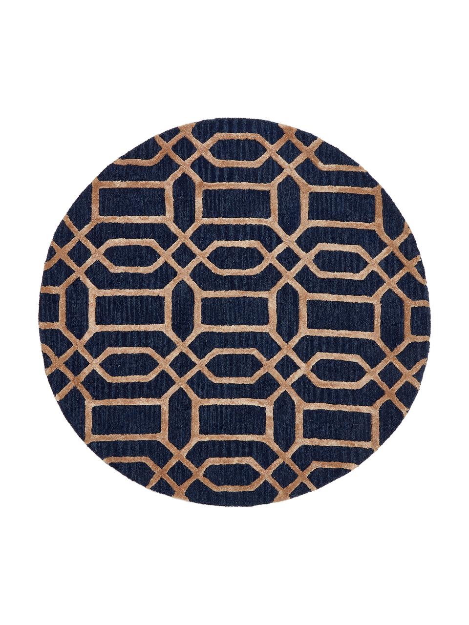 Rond wollen vloerkleed Vegas met hoog-laag effect, Bovenzijde: 80% wol, 20% viscose, Onderzijde: katoen, Donkerblauw, bruin, Ø 150 cm (maat M)