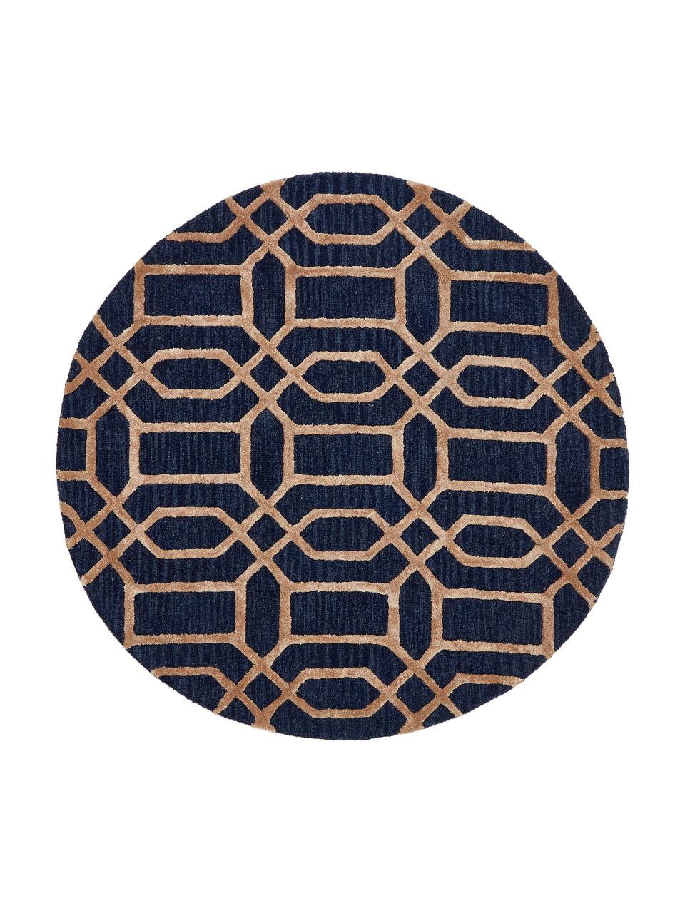 Tappeto rotondo in lana con motivo a rilievo Vegas, Retro: cotone, Blu scuro, marrone, Ø 150 cm (taglia M)