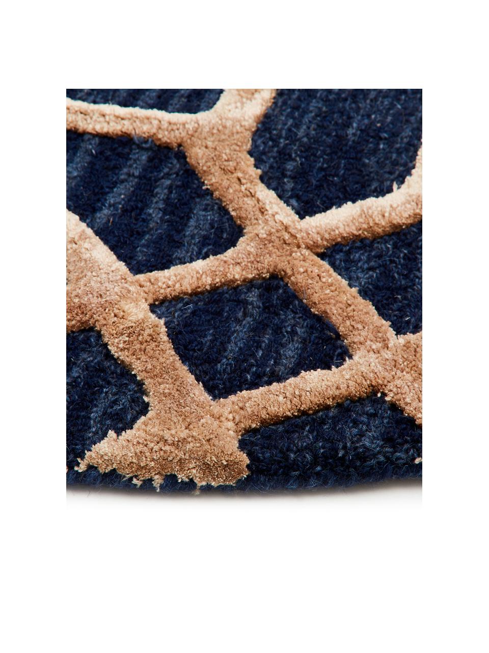 Alfombra redonda de lana Vegas, Parte superior: 80% lana, 20% viscosa Rev, Azul oscuro, marrón, Ø 150 cm (Tamaño M)
