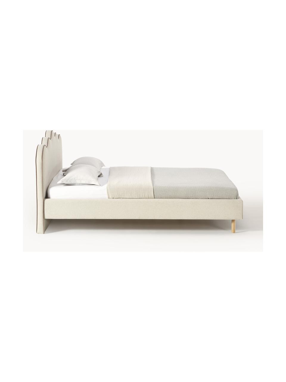 Čalouněná postel s vlnitým čelem Romy, Tlumeně bílá, dubové dřevo, Š 140 cm, D 200 cm