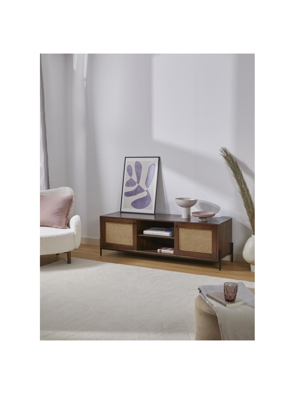 Tv-meubel Vienna met Weens vlechtwerk in donkerbruin, Poten: gepoedercoat metaal, Bruin, B 160 x H 50 cm