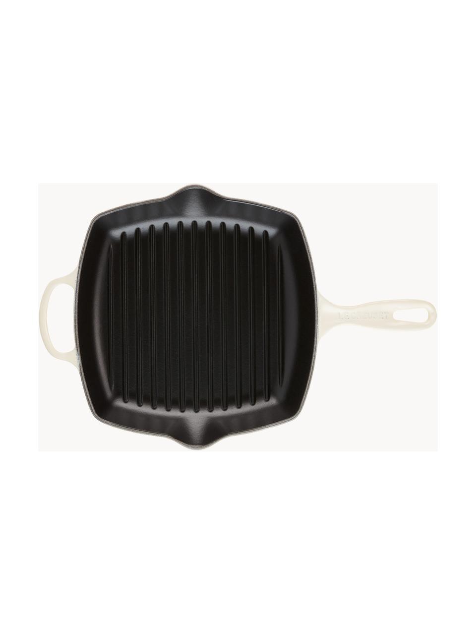 Vierkante grillpan Signature Collection uit gietijzer met gegroefde structuur, Geëmailleerd gietijzer, Gebroken witte tinten, B 44 x H 5 cm