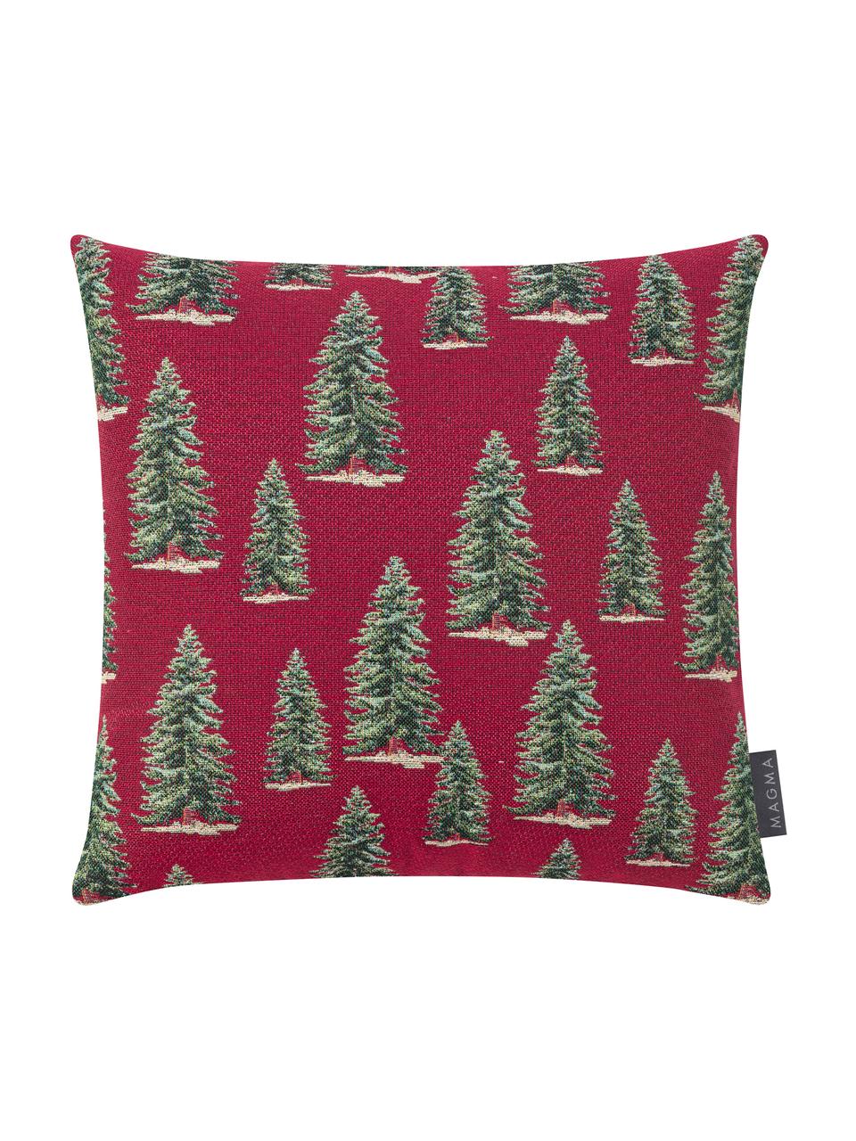 Kissenhülle Pinetree in Rot/Grün, Vorderseite: 55% Polyester, 45% Baumwo, Webart: Jacquard, Rückseite: 100% Polyestersamt, Rot, Grün, Beige, 40 x 40 cm