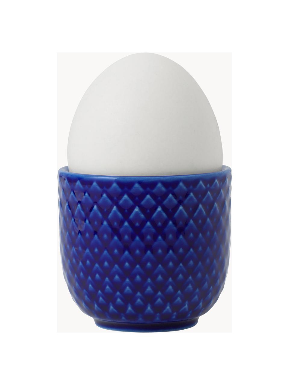Soportes de huevo de porcelana con relieves Rhombe, 4 uds., Porcelana, Azul oscuro, Ø 5 x Al 5 cm