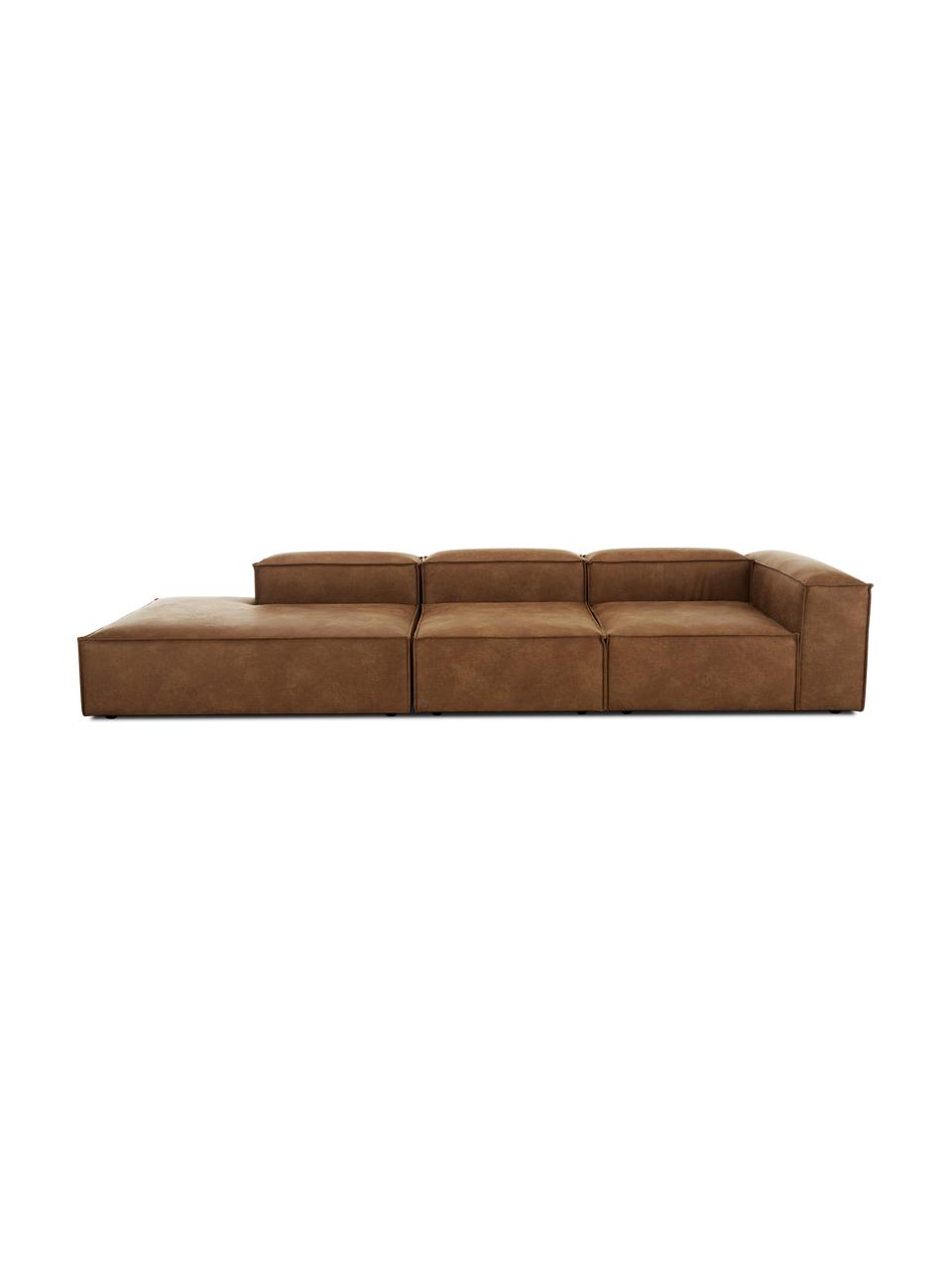 Chaise longue XL componibile in pelle riciclata Lennon, Rivestimento: pelle riciclata (70% pell, Struttura: legno di pino massiccio, , Piedini: plastica I piedini si tro, Pelle marrone, Larg. 357 x Prof. 119 cm, schienale a destra