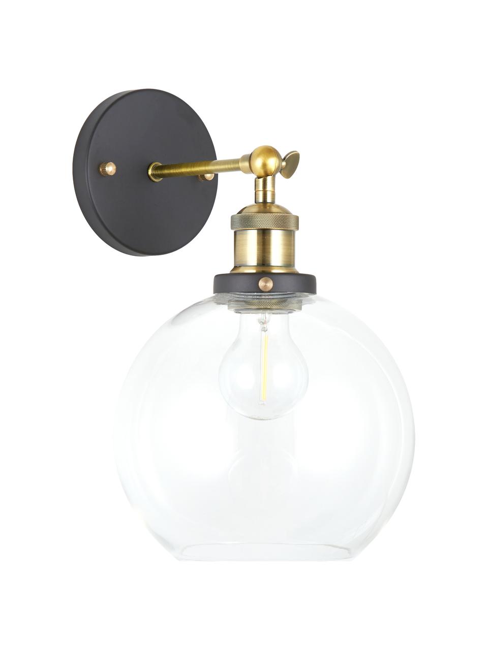 Grote wandlamp New York Loft No.2, Lampenkap: glas, Frame: messing, Zwart, messingkleurig, transparant, 20 x 35 cm