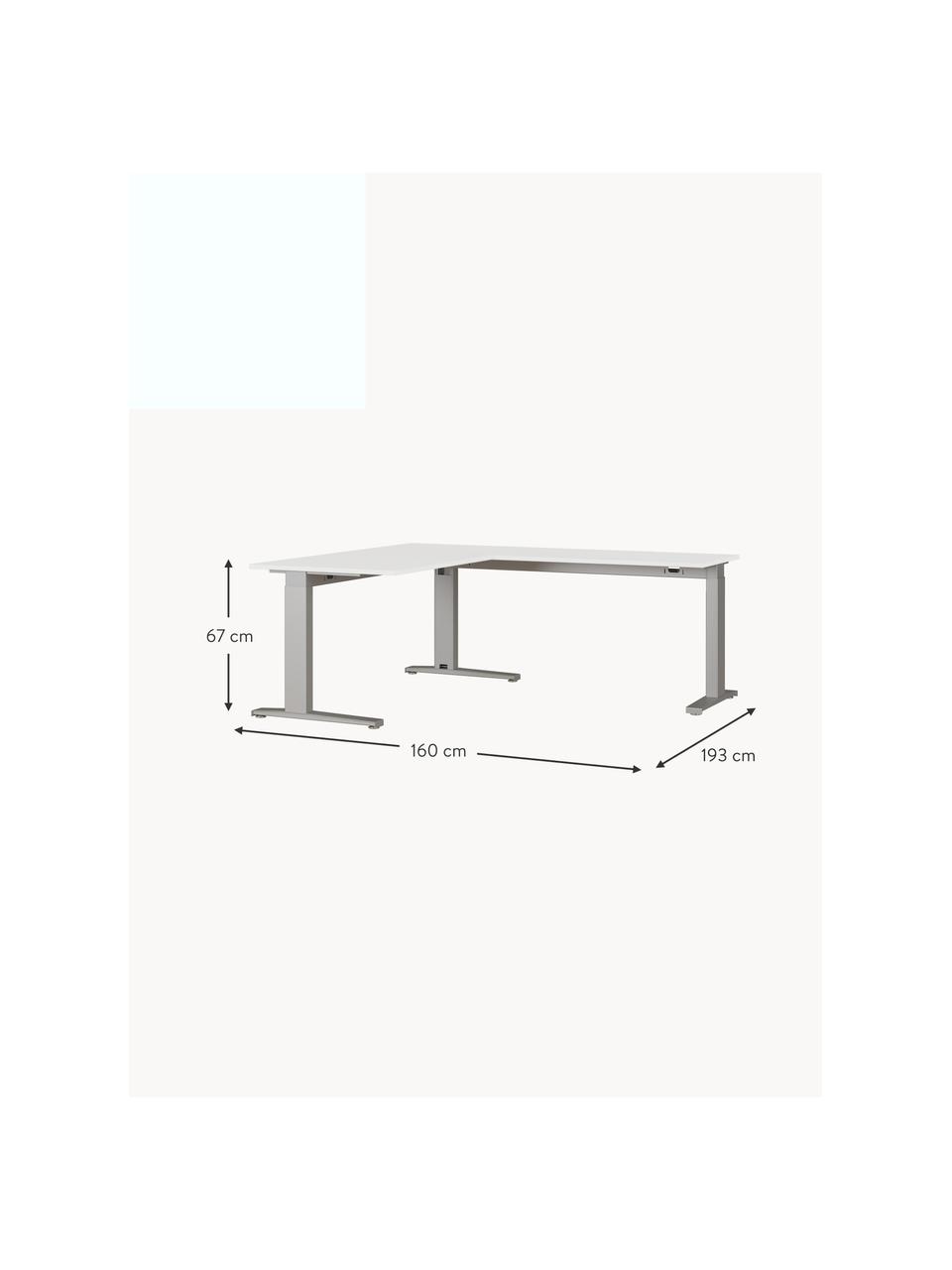 Höhenverstellbarer Eckschreibtisch Easy, Tischplatte: Spanplatte mit Melaminhar, Gestell: Metall, pulverbeschichtet, Off White, Hellgrau, B 160 x T 193 cm