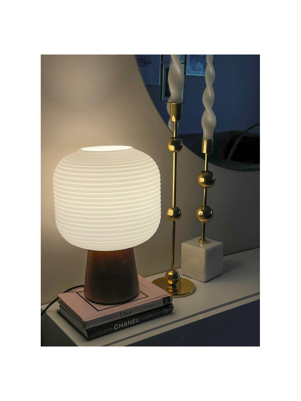 Kleine tafellamp Aura, Lampenkap: glas, Lampvoet: hout, Bruin, wit, Ø 20 x H 29 cm
