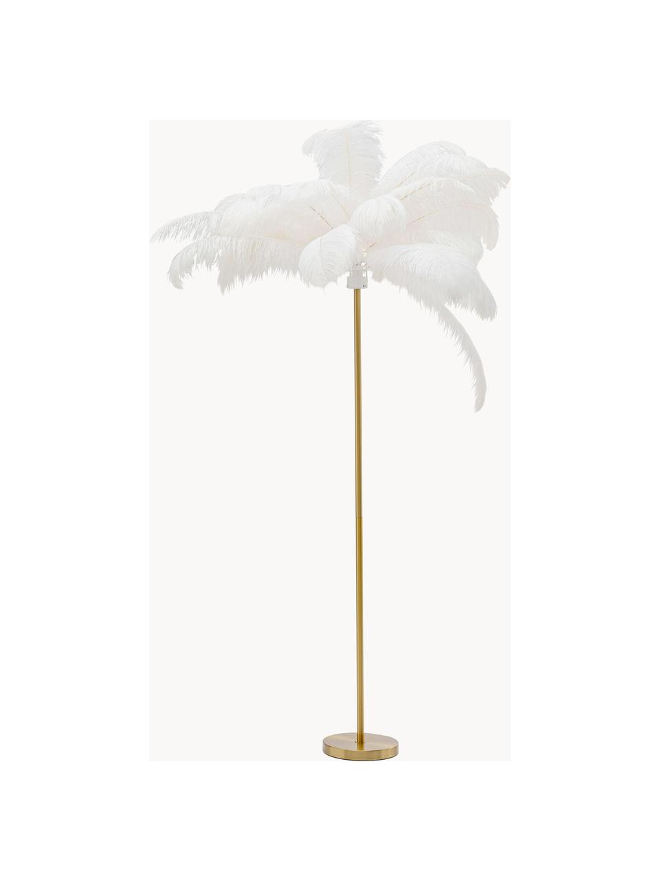 Lámpara de pie Feather Palm, Pantalla: plumas de avestruz, Estructura: acero latón, Cable: plástico, Dorado, blanco, Al 165 cm