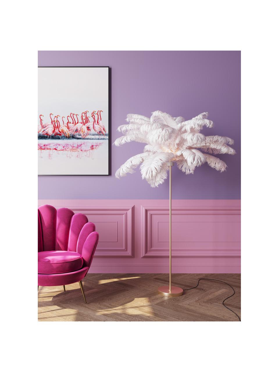 Vloerlamp Feather Palm, Lampenkap: struisvogelveren, Goudkleurig, wit, H 165 cm