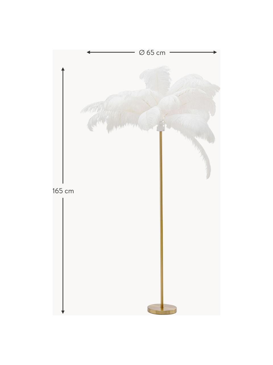 Lámpara de pie Feather Palm, Pantalla: plumas de avestruz, Estructura: acero latón, Cable: plástico, Dorado, blanco, Al 165 cm