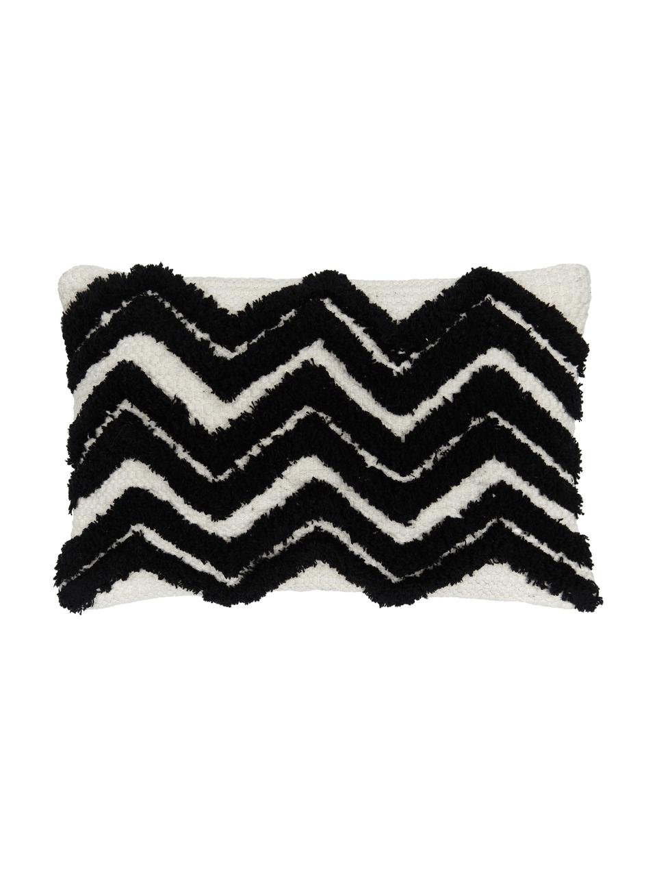 Povlak na polštář s prošívaným klikatým vzorem Akesha, 100 % bavlna, Režná, černá, Š 30 cm
