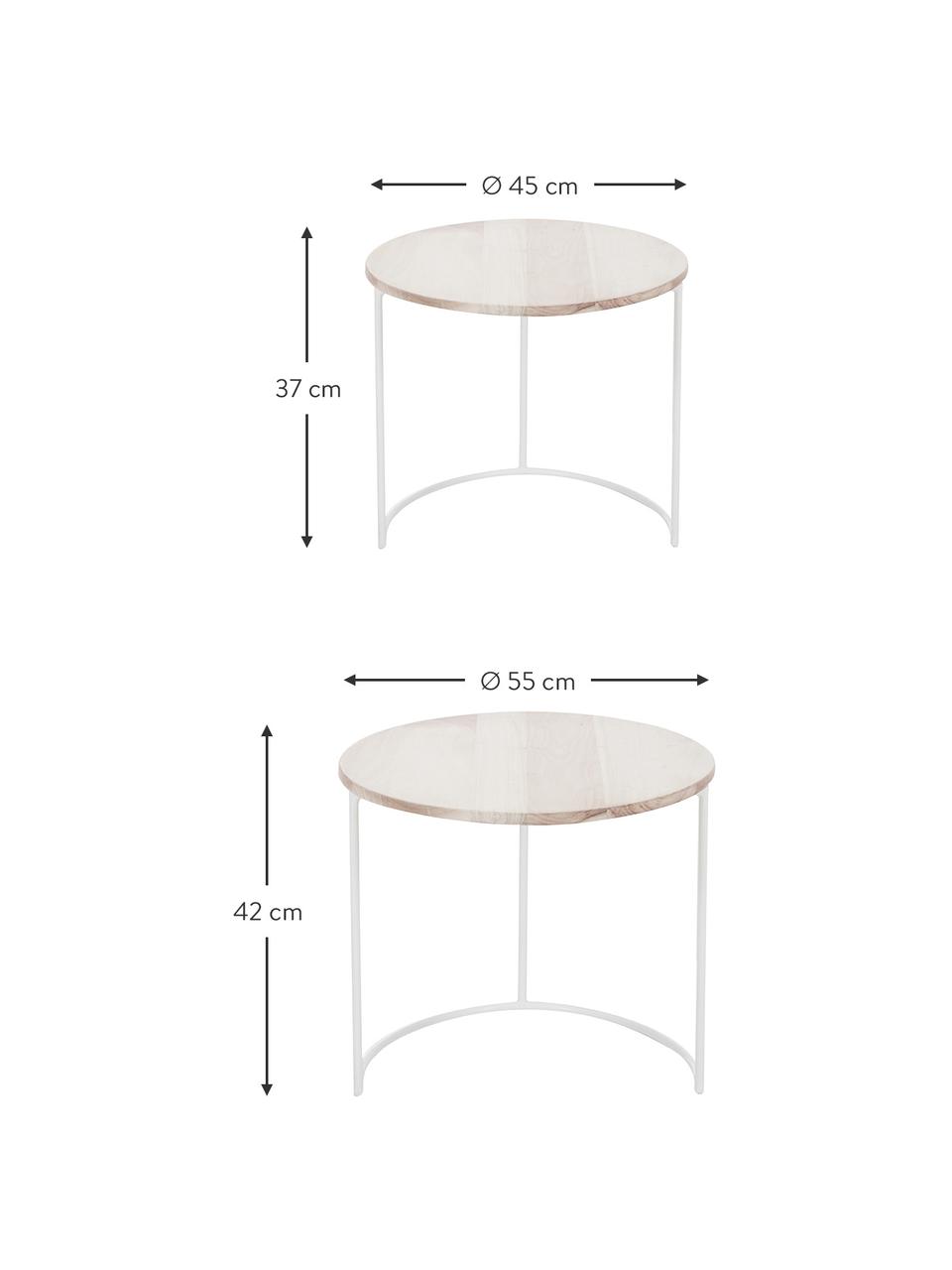 Bijzettafel set Emma, met houten tafelblad, 2-delig, Frame: gepoedercoat metaal, Acaciahoutkleurig, wit, Set met verschillende formaten