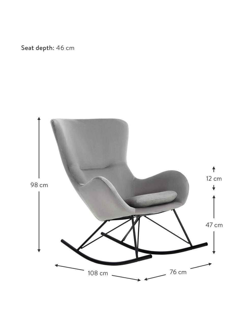 Fluwelen schommelstoel Wing in grijs met metalen poten, Bekleding: fluweel (polyester), Frame: gegalvaniseerd metaal, Fluweel grijs, zwart, B 76 x D 108 cm