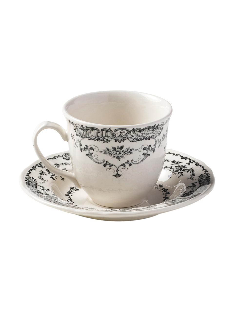 Teetassen mit Untertassen Rose mit Blumenmuster in Weiß/Schwarz, 2 Stück , Keramik, Weiß, Schwarz, Ø 9 x H 8 cm, 250 ml