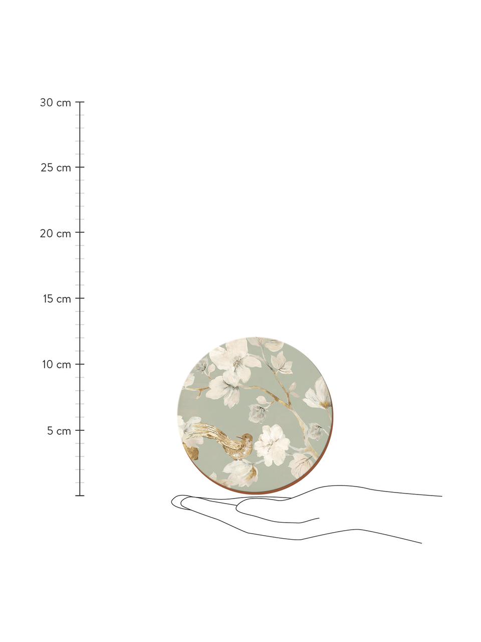 Untersetzer Duck Egg mit floralem Muster, 4 Stück, Kork, Graugrün, Cremeweiß, Goldfarben, Ø 12 cm
