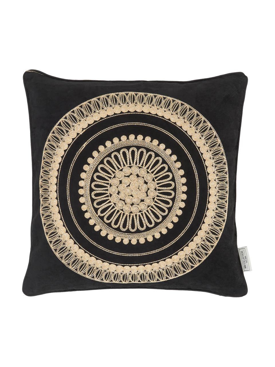 Zwart kussen Tina met gouden borduurwerk, met vulling, 80% katoen 20% polyester, Zwart, beige, 45 x 45 cm